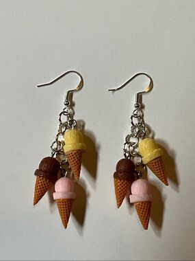 Ice Cream Waffle Cone Dangle Earrings Strawberry Vanilla Chocolate